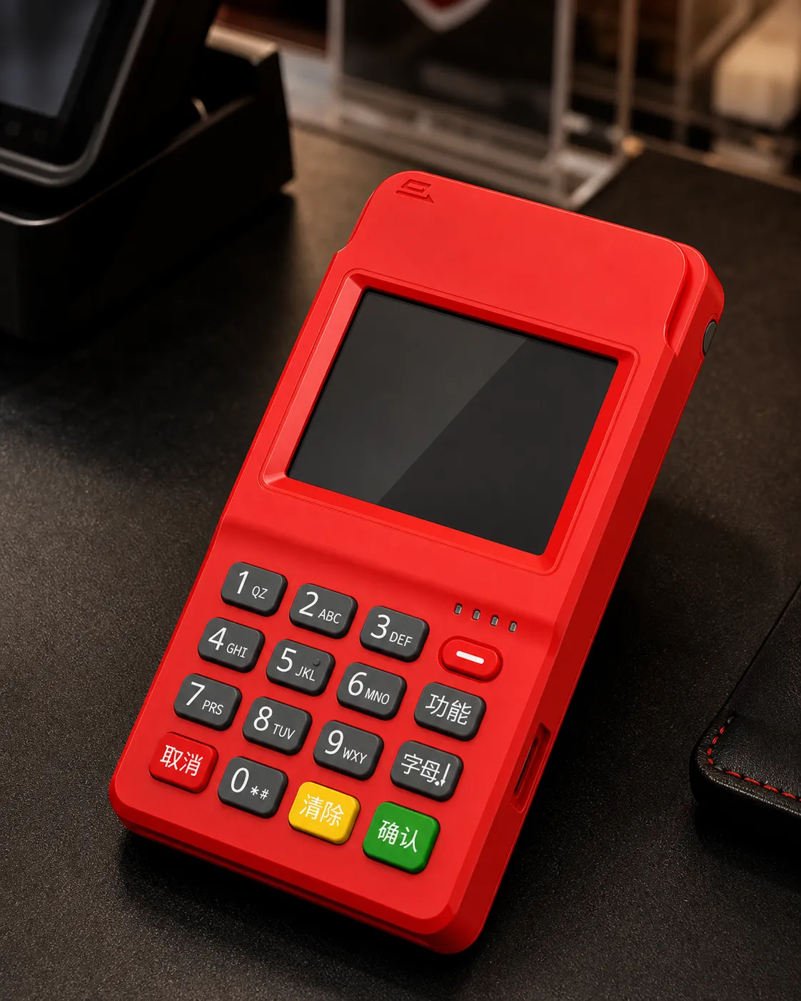 红色安易付 POS 机摆放在深色收银柜台上的宣传图